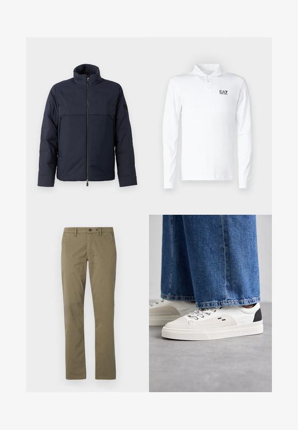 Veste en duvet bleu marine avec col montant, fermeture éclair à l'avant et poche poitrine horizontale. Texture de tissu lisse, avec un logo sur la manche.; Polo à manches longues blanc en coton, avec un col classique, trois boutons et un logo EA7 noir sur la poitrine.; Pantalons kaki en coton, avec une coupe droite, deux poches avant, et une fermeture à bouton et à glissière.; Baskets blanches et noires avec une tige en cuir lisse, des accents texturés et une semelle épaisse blanche. Présentent un design classique à lacets.