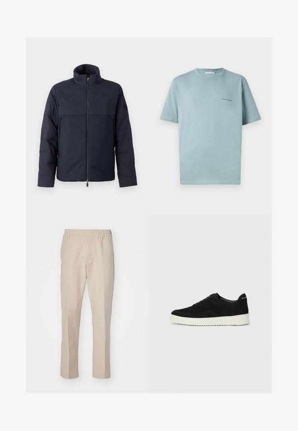 Navy puffer jacket with high collar, front zipper, and a horizontal chest pocket. Smooth fabric texture, featuring a logo on the sleeve.; Light blue cotton T-shirt with a crew neck, short sleeves, and a small "TIGER OF SWEDEN" logo on the left chest. Smooth texture.; Beige trousers with a smooth texture, straight cut, and elastic waistband. Features side pockets and a neutral color suitable for versatile outfits.; Black suede sneaker with lace-up design and contrasting white rubber sole. Features textured side panels and subtle branding on the heel.