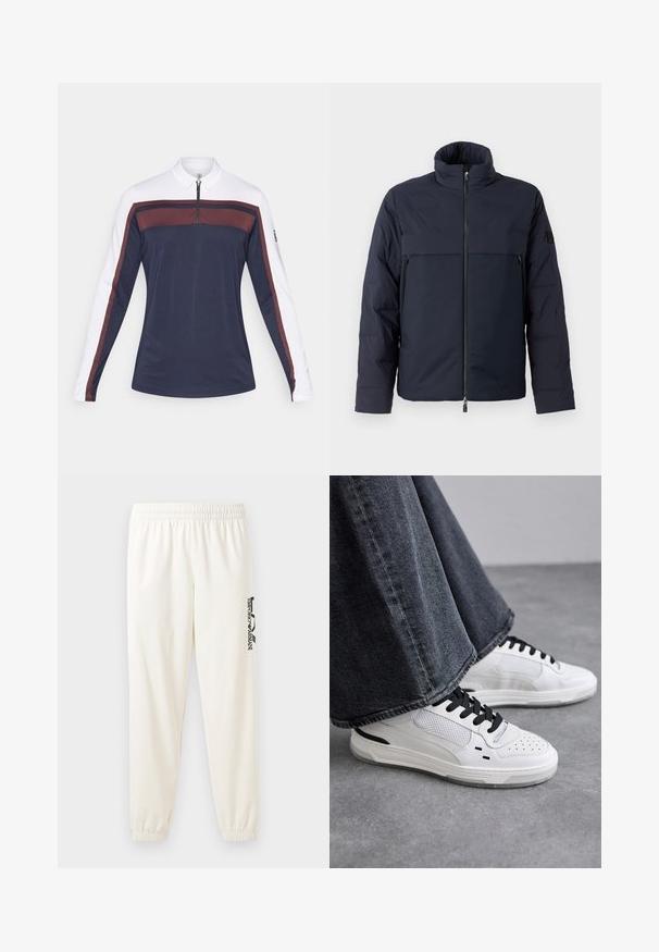 Jachetă puffer marină cu guler înalt, fermoar frontal și un buzunar orizontal pe piept. Textură netedă a materialului, având un logo pe mânecă.; Tricou polo cu maneci lungi, de culoare albastru marin, cu maneci albe, având un guler cu fermoar și dungi de accent în nuanța maroniu pe piept și pe maneci.; Pantaloni de trening bej deschis, cu talie elastică și mansete elastice. Prezintă un logo imprimat negru pe piciorul stâng. Textură de țesătură moale.; Adidași albi cu șireturi negre și detalii din plasă. Au un exterior din piele netedă și o talpă din cauciuc texturată. Împreună cu blugi gri cu croială largă.