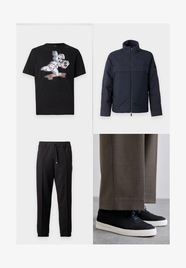 Jūras spēku pūkains jaka ar augstu apkakli, priekšējo rāvējslēdzēju un horizontālu krūšu kabatu. Gluda auduma faktūra ar logotipu uz piedurknes.; Melns kokvilnas T-krekls ar zīmējumu, kurā attēlots karikatūru zaķis uz skrituļdēļa, rokās turot kasti ar uzrakstu "PS". Īsas piedurknes un apaļa kakla izgriezums.; Melni bikses ar jostu, staipāmu un elastīgām aprocēm. Ar krokām un gludu, teksturētu audumu.; Melni zamšaini sporta apavi ar baltām gumijas zolēm, ar noapaļotu purngalu un auklām, valkāti ar pelēkiem piegrieztiem biksēm.