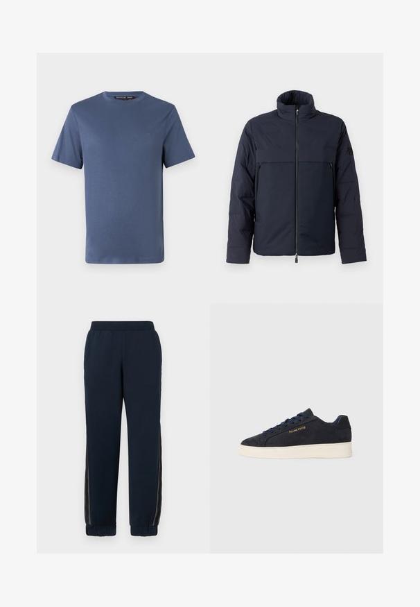 Jūras spēku pūkains jaka ar augstu apkakli, priekšējo rāvējslēdzēju un horizontālu krūšu kabatu. Gluda auduma faktūra ar logotipu uz piedurknes.; Zila kokvilnas t-krekls ar īsām piedurknēm, apaļu kaklu un mazu zelta logotipu uz krūškurvja. Gluda tekstūra un standarta piegriezums.; Jūras spēku krāsas treniņbikses ar maigu tekstūru, sašaurinātām piedurknēm un sietiņa sānu paneliem. Elastīga josta komfortam un ikdienas pieguvei.; Navy zila zamšas zema augstuma kedas ar baltu zoli, navy krāsas auklām un "Filling Pieces" logo zeltā sānos.