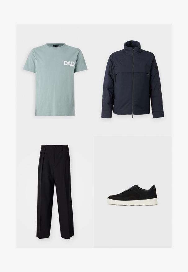 Jūras spēku pūkains jaka ar augstu apkakli, priekšējo rāvējslēdzēju un horizontālu krūšu kabatu. Gluda auduma faktūra ar logotipu uz piedurknes.; Gaiši zaļš kokvilnas T-krekls ar apaļu kakla izgriezumu un baltu "TĒVS" logo kreisajā krūtīs. Īsas piedurknes, regulāra piegriezums.; Melnas plisētās bikses ar taisnu, plata kāja dizainu. Izgatavotas no gludas auduma, ar pogu aizdari un jostas cilpiņām.; Melnas zamšas kedas ar auklām un kontrastējošu baltu gumijas zoli. Iekļauj teksturētas sānu panēles un diskretu zīmolu uz papēža.