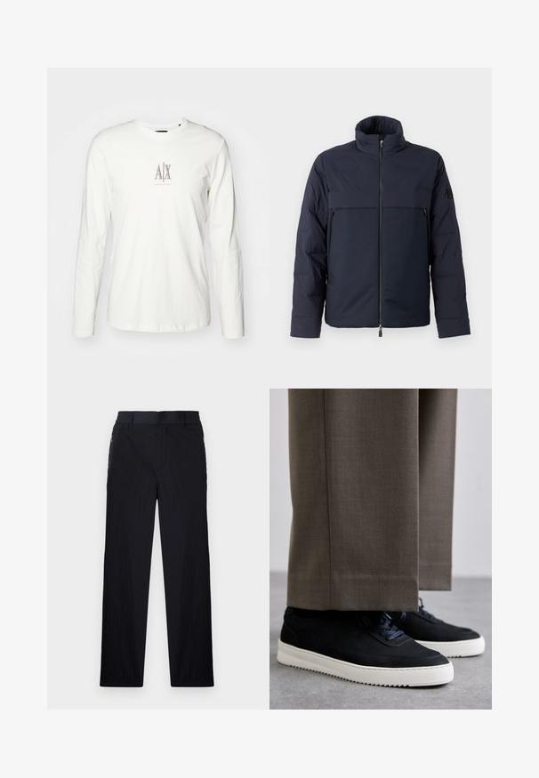 Tamno plava jakna s punjenjem, visokog ovratnika, prednjim patentnim zatvaračem i horizontalnom džepom na prsima. Glatka tekstura tkanine, s logotipom na rukavu.; Bijela pamučna majica dugih rukava sa malim bež logom sa "AX" u sredini. Glatka tekstura i klasični okrugli izrez.; Crne hlače od lagane, teksturirane tkanine, ravnog kroja, s elastičnom gumicom u struku i bočnim džepovima sa zatvaračem.; Crne nubuk tenisice s bijelim gumenim potplatima, s zaobljenim vrhom i vezicama, uparene s sivim krojenim hlačama.