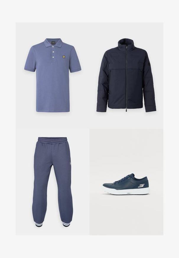 Marineblauer Pufferjacke mit hohem Kragen, Frontreißverschluss und horizontaler Brusttasche. Glatte Stoffstruktur mit einem Logo auf dem Ärmel.; Poloshirt aus hellblauer Baumwolle mit klassischem Kragen, dreiknöpfigem Verschluss und gelber Logostickerei auf der linken Brust.; Marineblaue Sweatpants aus weichem Material, mit einem elastischen Bund und gerippten Bündchen mit weißen Streifen an den Knöcheln; dezentes strukturiertes Muster.; Navyblaue Sneaker mit glattem Synthetik-Obermaterial, gepolstertem Kragen und weißer Sohle. Mit Logo an der Seite und flachen Schnürsenkeln für einen sicheren Sitz.