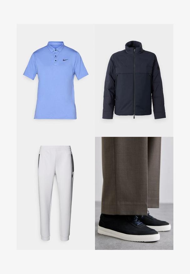 Tumed puffer-jakk kõrge kraega, esi tõmblukuga ja horisontaalse rinna taskuga. Sile kangatekstuur, millel on logo varrukal.; Helehelesin sinine polo särk sujuvast kangast, millel on terav krae, kolm nuppu ja väike must Nike logo vasakul rinnal.; Valged dressipüksid elastse vöökohaga, kahe küljetaskuga, mustade tõmblukkudega ja soonikkudega pahkluude juures. Sile tekstuur.; Mustad suleed sneakers valge kummist tallaga, ümarate varvaste ja paeltega, kantud hallide ülikonna pükste kõrval.