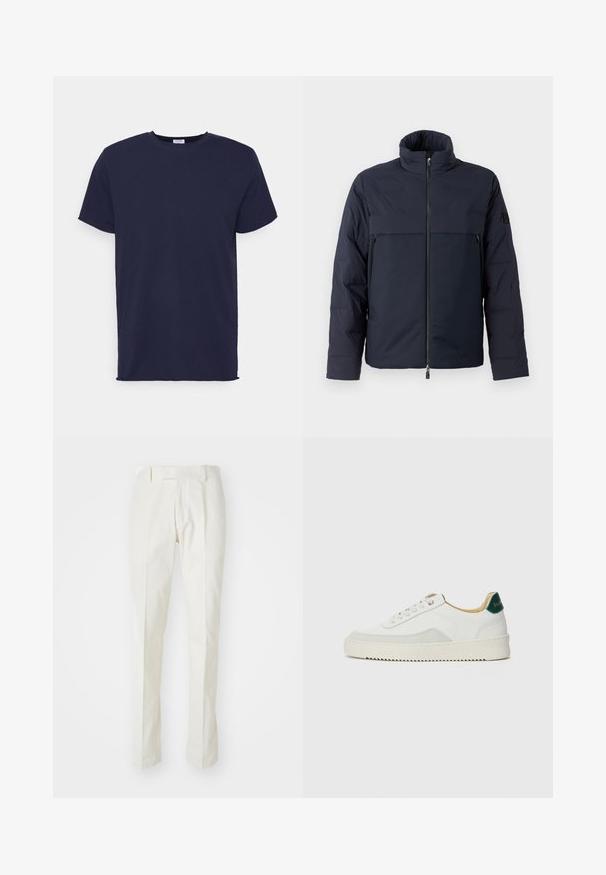 Granatowa kurtka puchowa z wysokim kołnierzem, zamkiem z przodu i poziomą kieszenią na klatce piersiowej. Gładka faktura materiału, z logo na rękawie.; Granatowa koszulka z krótkim rękawem, wykonana z miękkiego materiału. Posiada okrągły dekolt oraz prosty krój bez wzorów i akcentów.; Białe spodnie wykonane z bawełny, z prostym krojem nogawek, płaskim przodem i bez widocznych wzorów czy elementów metalowych. Gładka faktura.; Białe trampki z zamszowymi akcentami, zaokrąglony czubek, płaskie sznurowadła i kremowa gumowa podeszwa. Posiadają zielone logo na pięcie.