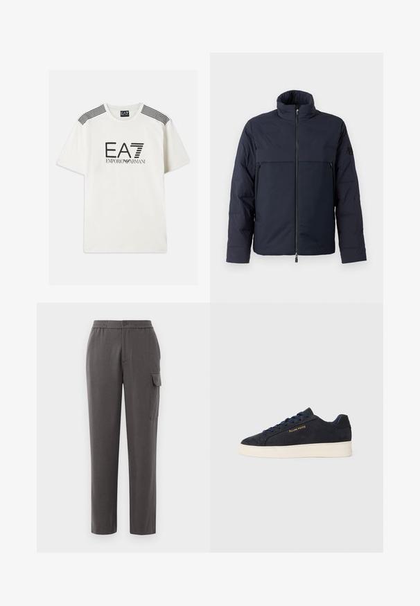 Tamno plava jakna s punjenjem, visokog ovratnika, prednjim patentnim zatvaračem i horizontalnom džepom na prsima. Glatka tekstura tkanine, s logotipom na rukavu.; Bijela majica od pamuka s crnim logotipom "EA7 EMPORIO ARMANI". Ima crne pruge na ramenima i standardni dizajn s okruglim izrezom.; Sive hlače s ležernim krojem, napravljene od glatkog materijala. Imaju dugmad za zatvaranje, bočne džepove i jedan cargo džep na nozi.; Navy plave sačmene niske tenisice s bijelim potplatom, mornarskim vezicama i "Filling Pieces" logotipom u zlatnoj boji sa strane.