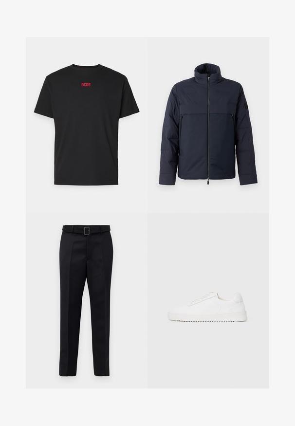 Jachetă puffer marină cu guler înalt, fermoar frontal și un buzunar orizontal pe piept. Textură netedă a materialului, având un logo pe mânecă.; Tricou din bumbac negru cu mâneci scurte, având un mic logo roșu "GCDS" centrat pe piept. Gât clasic de tip crew. Textură moale.; Pantalonii negri ajustați sunt fabricați dintr-un material neted, au croi drept și o talie încrustată cu o cataramă rectangulară. Pliseele frontale notabile îmbunătățesc designul.; Adidași albi cu un superior din piele fină, vârf rotunjit, șireturi, accente laterale texturate și o talpă groasă din cauciuc. Design minimalist.