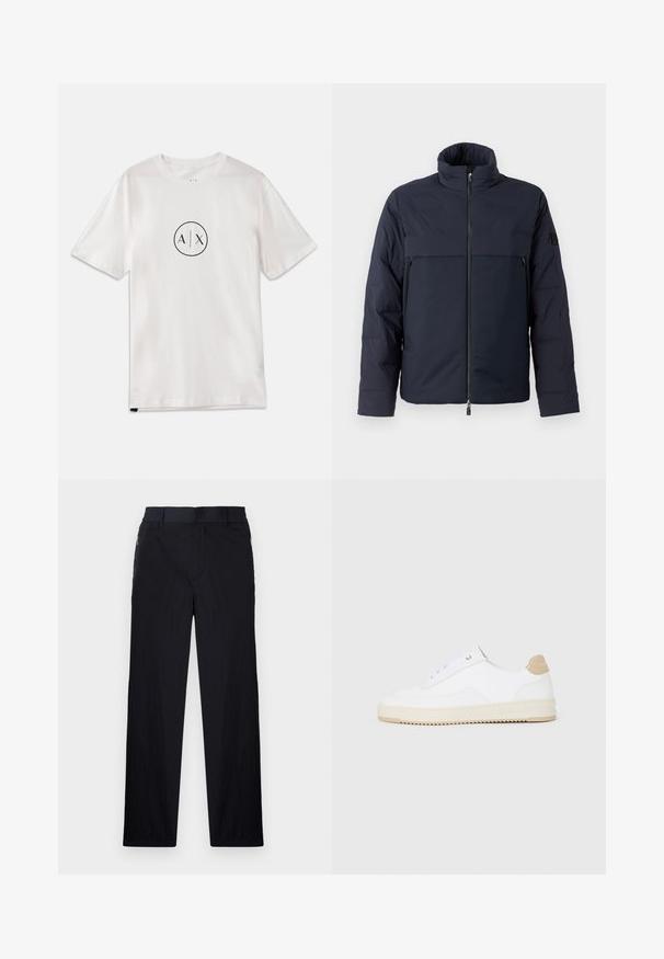 Tumed puffer-jakk kõrge kraega, esi tõmblukuga ja horisontaalse rinna taskuga. Sile kangatekstuur, millel on logo varrukal.; Valge puuvillane T-särk lühikeste varrukatega, mille esiküljel on ümmargune must logo, mille keskel on "A/X", klassikaline ümar kaelus.; Mustad püksid, millel on kerge, tekstuuriga kangas, sirge jala disain, elastne vöökoht ja küljetaskud sipsiga.; Valged madala varsaga tennisetooted, mille pealmine on tekstuuriga nahast, kreemja soonikuga tald ja pruuni tooni kand. Omab valgeid paelu ja logodetaile kanna peal.