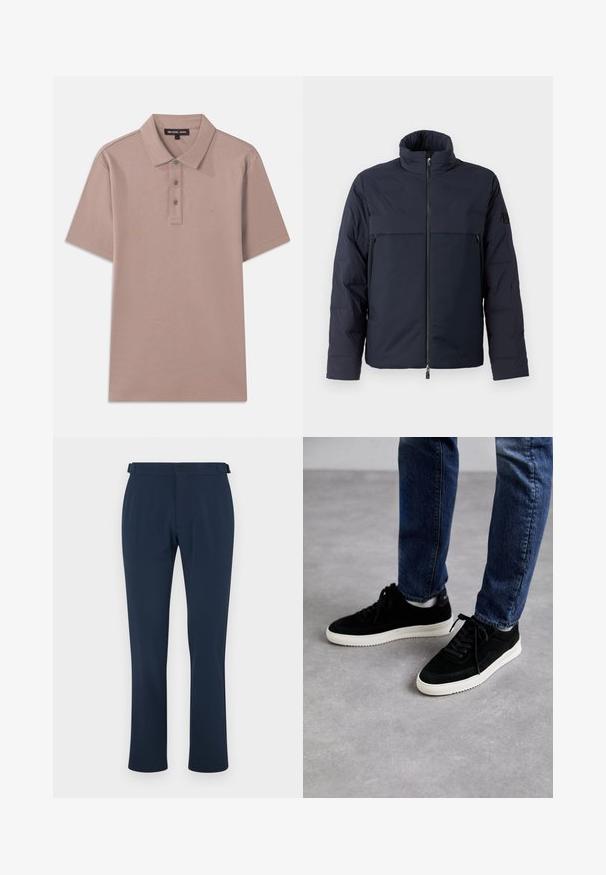 Mørkeblå pufferjakke med høj krave, lynlås i front og en vandret brystlomme. Glat stoftekstur med et logo på ærmet.; Polo skjorte i lys brun stof med korte ærmer, tre-knaps placket og broderet "MK" logo på brystet. Glat tekstur.; Mørkeblå bukser lavet af glat stof, med lige ben design, bæltestropper og en enkelt knaplukning. Minimalistisk stil uden mønstre.; Sorte ruskind sneakers med en hvid gummisål, der har et klassisk low-top design, rundt tå og flade sorte snørebånd.