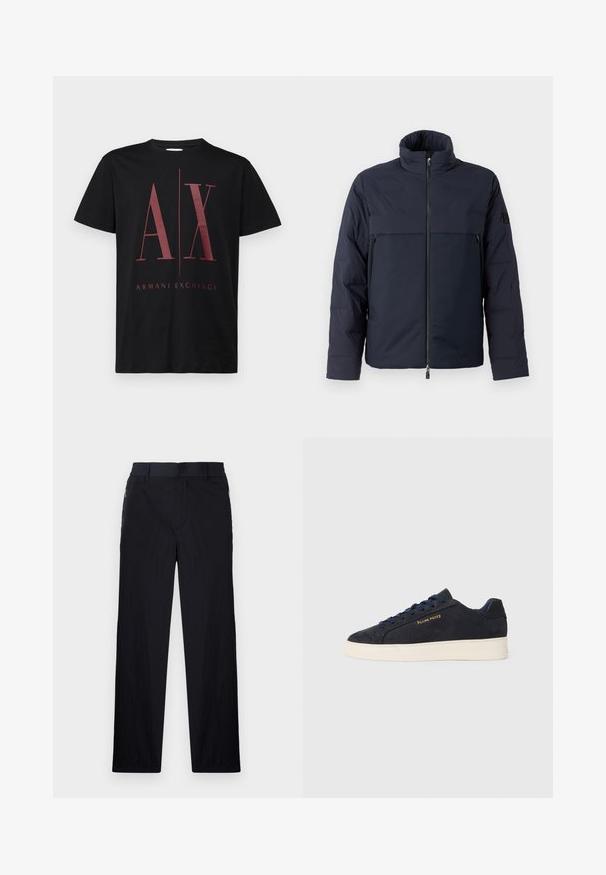 Casaco acolchoado azul-marinho com gola alta, fecho frontal e um bolso horizontal no peito. Textura de tecido suave, apresentando um logotipo na manga.; Armani Exchange T-shirt estampada - black/cabernet; Calças pretas com um tecido leve e texturizado, design de pernas retas, cintura elástica e bolsos laterais com fecho.; Sapatilhas baixas em camurça azul-marinho com sola branca, atacadores azuis-marinho e o logótipo "Filling Pieces" em dourado na lateral.