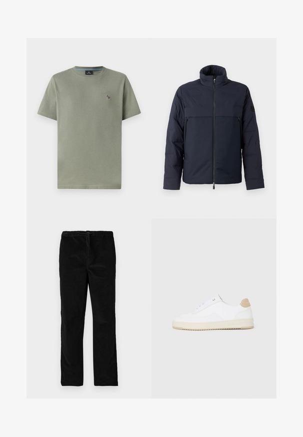 Jūrinis pūkinis džemperis su aukštu apykakle, priekyje užtrauktuku ir horizontalia kišenę krūtinėje. Lygus audinio paviršius, ant rankovės yra logotipas.; Alyvuogių žalios spalvos medvilninis marškinėliai su apvaliu iškirpimu, trumpomis rankovėmis ir mažai išsiuvinėtu dizainu kairėje krūtinės pusėje. Glotnus audinys, laisvas kirpimas.; Juodos tiesios blizgančios aksominės kelnės su elastinga juosmena ir priekyje esančia raišteliu, eksponuojamos prieš paprastą baltą foną.; Baltos žemos sportbačiai su tekstūruota odine viršutinė dalimi, kreminė banguota priekiu ir ruda kulno akcentu. Yra baltos raištelės ir logotipas ant kulno.