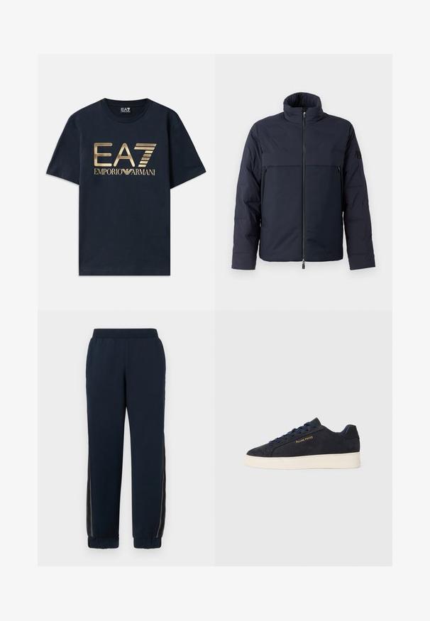 Navy modrá péřová bunda s vysokým límcem, předním zipem a vodorovnou náprsní kapsou. Hladká textilie s logem na rukávu.; Námořnická modrá bavlněná tričko s velkým zlatým potiskem loga "EA7" a textem "EMPORIO ARMANI" na přední straně. Kulatý výstřih a krátké rukávy.; Námořnické tepláky s měkkou texturou, zúženými nohavicemi a síťovinovými bočními panely. Elastický pás pro pohodlí a ležérní fit.; Námornická modrá semišová nízká obuv s bílou podrážkou, námořnickými tkaničkami a zlatým logem "Filling Pieces" na boku.