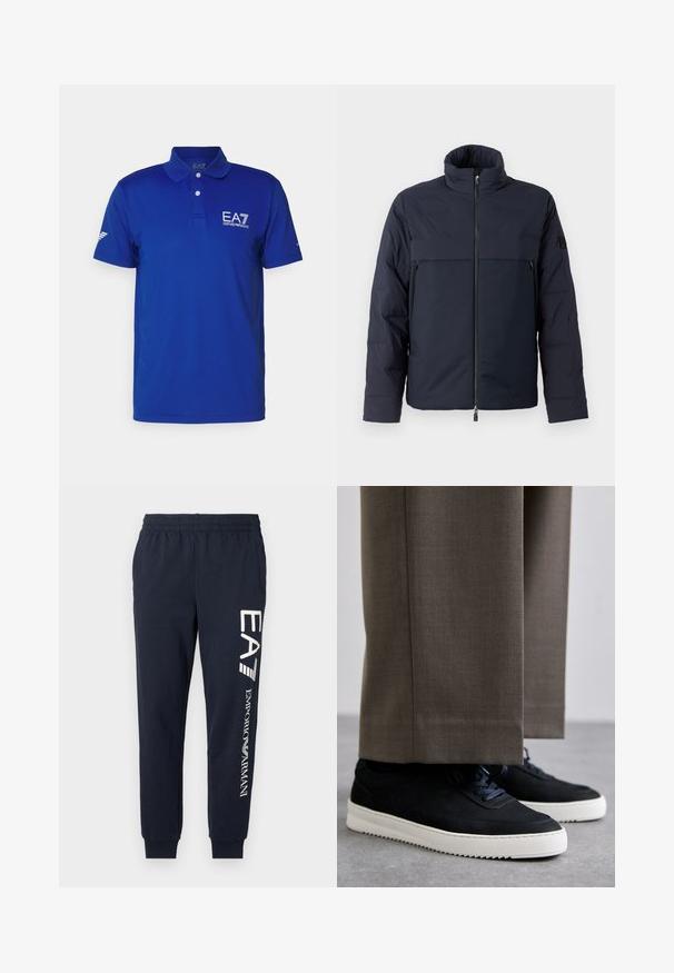 Mørkeblå pufferjakke med høj krave, lynlås i front og en vandret brystlomme. Glat stoftekstur med et logo på ærmet.; Blå polo skjorte lavet af åndbart stof, med krave, tre knapper og EA7-logo på brystet. Korte ærmer med diskret branding.; Mørkeblå bomuldsjoggers med elastisk talje, indsnørede ben og kontrasterende hvide EA7- og Emporio Armani-logoer trykt langs siden.; Sorte ruskind sneakers med hvide gummisåler, med rund tå og snørebånd, båret med grå skræddersyede bukser.