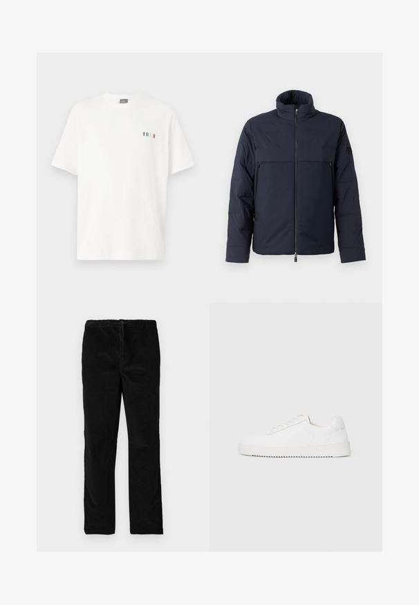 Zelena puffer jakna z visokim ovratnikom, sprednjim zadrgo in horizontalno prsno žepom. Gladka tekstura tkanine, ki ima logotip na rokavu.; Bela bombažna majica z okroglim izrezom, kratkimi rokavi in majhnim barvnim črtastim detajlom v bližini prsnega predela.; Črne ravne sametne hlače z elastičnim pasom in sprednjim vrvico, prikazane na enobarvni beli podlagi.; Bela teniska z gladkim usnjenim zgornjim delom, okroglim nosom, vezalkami, teksturiranimi stranskimi poudarki in debelim gumijastim podplatom. Minimalističen dizajn.