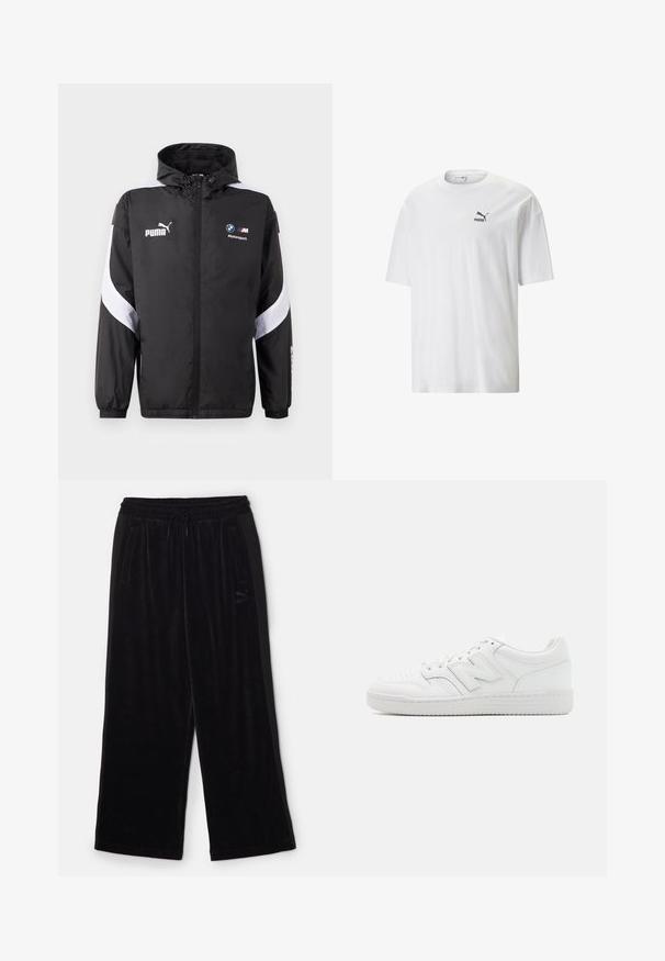 Čierna vetrovka s kapucňou, s bielymi akcentmi a logami Puma a BMW Motorsport na prednej strane. Ľahký, hladký materiál.; Biela bavlnená tričko s okrúhlym výstrihom a krátkymi rukávmi. Obsahuje malé čierne logo Puma na ľavej strane hrudníka. Hladká textúra, ležérny strih.; Čierne velúrové nohavice s voľným, širokým strihom. Obsahujú elastický pás sťahovanie a bočné vrecká. Jemné branding na nohe.; Biele tenisky vyrobené z hladkej kože, s perforovaným špičkou, textúrovanou gumovou podrážkou, plochými šnurkami a výrazným logom 'N' na boku.