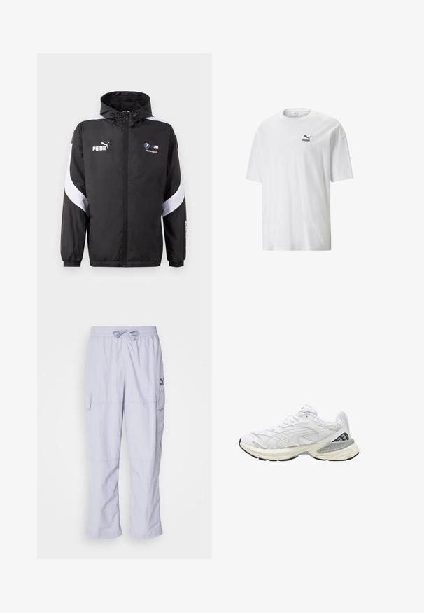 Czarna kurtka przeciwwiatrowa z kapturem, z białymi akcentami oraz logo Puma i BMW Motorsport z przodu. Lekka, gładka w dotyku.; Biała bawełniana koszulka T-shirt z okrągłym dekoltem i krótkimi rękawami. Posiada małe czarne logo Puma na lewej piersi. Gładka tekstura, luźny krój.; Jasnofioletowe spodnie cargo z elastycznym pasem, sznurkiem i bocznymi kieszeniami. Materiał wydaje się gładki, z luźnym krojem i prostymi nogawkami.; Białe sportowe buty z siatkowym wierzchem, teksturowane detale, wyściełana podeszwa i czarne akcenty na pięcie. Zaokrąglony kształt nosa.