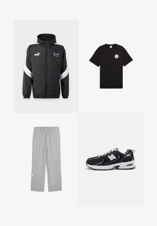 Schwarze Windbreaker-Jacke mit Kapuze, mit weißen Akzenten und Puma- sowie BMW Motorsport-Logos auf der Vorderseite. Leicht, mit glatter Textur.; Schwarzes Baumwoll-T-Shirt mit kurzen Ärmeln, Rundhalsausschnitt und einem runden blauen Logo auf der linken Brustseite. Glatte Textur und lässige Passform.; Helles, graues, elastisches Track-Pantalon mit weißen Paspelierungsdetails und Puma-Logo am Oberschenkel, lockere Passform und gerade Beine.; Schwarze und graue Sportschuhe mit Obermaterial aus Mesh und Wildleder, ausgestattet mit einer weißen Zwischensohle, Schnürsenkeln und einem markanten "N"-Logo an der Seite.