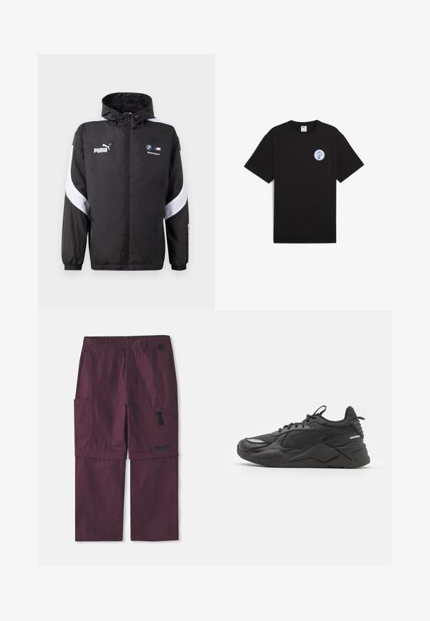 Černá bunda s kapucí, která má bílé akcenty a loga Puma a BMW Motorsport na přední straně. Lehký, hladký materiál.; Černé bavlněné tričko s krátkým rukávem, kulatým výstřihem a modrým logem na levé části hrudníku. Hladká textura a volný střih.; Burgundské cargo kalhoty se zkráceným rukávem, boční kapsou na zip a logem Timberland na pravé nohavici, prodloužený rozkrok.; Černé tenisky s texturovaným svrškem, obsahující síťovinu a syntetické materiály, silnou podešví a reflexními prvky pro lepší viditelnost.