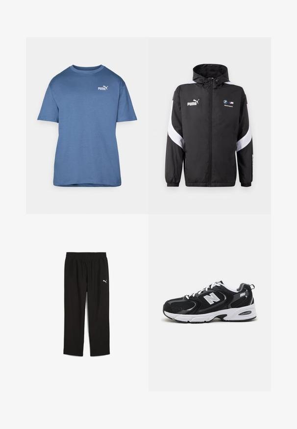 Sort vindjakke med hætte, med hvide detaljer og Puma og BMW Motorsport logoer foran. Letvægts, glat tekstur.; Blå bomulds T-shirt med korte ærmer, rund hals og et hvidt Puma-logo på venstre bryst. Enkel design, glat tekstur.; Sorte træningsbukser med elastisk talje, lavet af letvægtsmateriale. Har et lille hvidt Puma-logo på venstre side.; Sorte og grå sportssko med mesh og ruskind på overdelen, der har en hvid mellemsål, snørebånd og et iøjnefaldende "N" logo på siden.