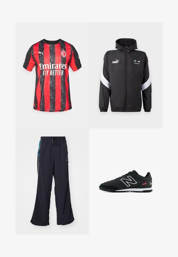 Fekete széldzseki kapucnival, fehér díszítéssel és Puma és BMW Motorsport logókkal az elején. Könnyű, sima textúrájú.; AC Milan mez vörös és fekete függőleges csíkokkal, texturált mintával, kerek nyakkal és Puma logóval a jobb ujján.; Puma PLAY PARIS TRACK PANTS - Tréningruha alsók - black; Fekete sportcipő textúrált bőr felsőrésszel, ezüst logóval, fehér középrésszel és fekete gumi talppal. Rózsaszín kiegészítők és fűzők jellemzik.