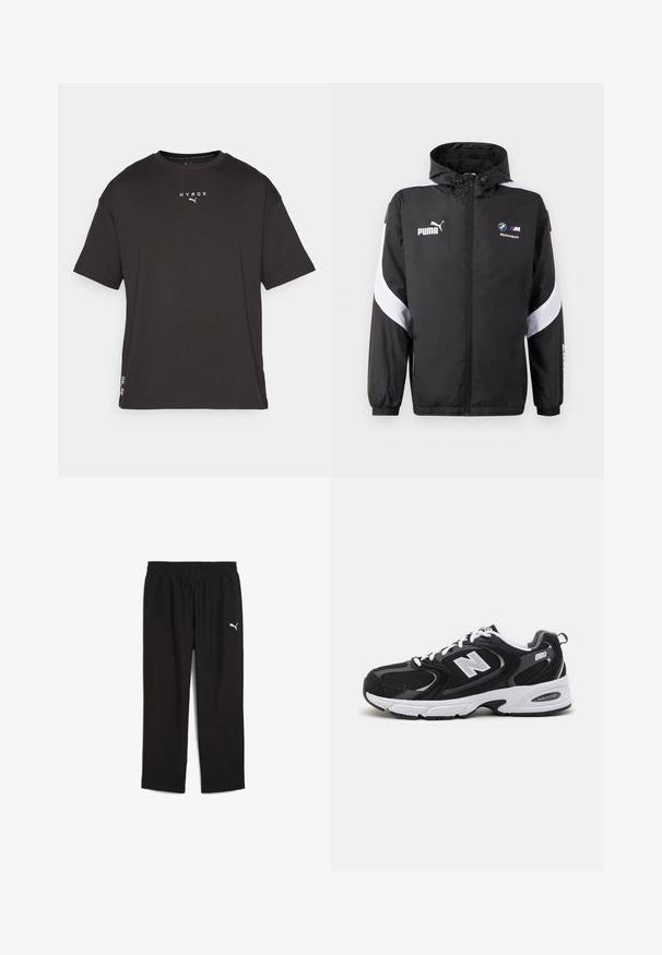 Juodas vėjyje atsparus džemperis su gobtuvu, su baltais akcentais ir Puma ir BMW Motorsport logotipais priekyje. Lengvas, lygus paviršius.; Juoda trumpomis rankovėmis marškinėliai su apvaliu kaklu, priekyje su balta "HYROX" užrašu ir logotipu, lygi tekstūra ir standartinė siluetas.; Juodos sportinės kelnės su elastinga juostele, pagamintos iš lengvos medžiagos. Kairėje pusėje yra mažas baltas Puma logotipas.; Juodi ir pilki sportiniai batai su tinklu ir zomšos viršutine dalimi, su balta vidurio pade, raišteliais ir ryškiu "N" logotipu šone.