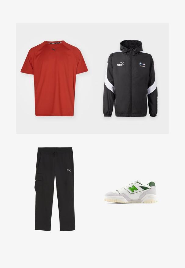 Zwarte windbreaker jas met een capuchon, voorzien van witte accenten en het Puma- en BMW Motorsport-logo op de voorkant. Lichtgewicht, gladde textuur.; Rode sportieve T-shirt met korte mouwen, een ronde halslijn, platte naden en een klein logo op de borst voor extra detail. Lichtgewicht materiaal.; Zwarte cargobroek met een elastische tailleband en trekkoord. Heeft zijzakken en een klein logo op het linkerbeen. Lichtgewicht materiaal.; Witte sneaker met groene accenten, gemaakt van leer en suède. Heeft een gestructureerde bovenkant, een gevoerde kraag en een rubberen zool met zichtbare loopnoppen.
