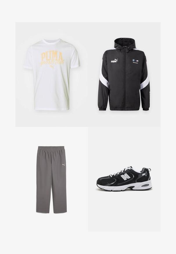 Giacca a vento nera con cappuccio, dotata di dettagli bianchi e loghi Puma e BMW Motorsport sul davanti. Leggera, con una texture liscia.; Maglietta bianca in cotone con stampa grafica gialla che riporta la scritta "PUMA sports club" con logo, maniche corte e design a girocollo.; Pantaloni sportivi grigi con vita elastica, realizzati in tessuto leggero. Presentano un piccolo logo bianco sulla gamba sinistra.; Scarpe sportive nere e grigie con tomaia in mesh e scamosciato, dotate di un collare bianco, lacci e un audace logo "N" di lato.