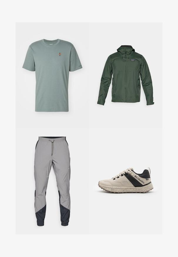 Roheline kerge vihmajope, millel on kapuuts, eesmine tõmblukk ja küljetaskud. Omab sujuvat tekstuuri ja ventilatsiooni detaile.; Müntroheline lühikese varrukaga T-särk, mis on valmistatud pehmest kangast. Ees on väike tikkimine, kus on kujutatud inimest oranži surfilaudaga.; Kergedatud hallid sportlikud püksid mustade aktsentidega. Elastne vöökoht, stringiga sulgemine, kitsenev jala disain ja küljetaskud.; Columbia sneakers beežides ja mustades toonides, tekstuurse võrgumaterjaliga pealispind, täppidega vaheosa ja vastupidav kummist välistald, mis tagab haarde.