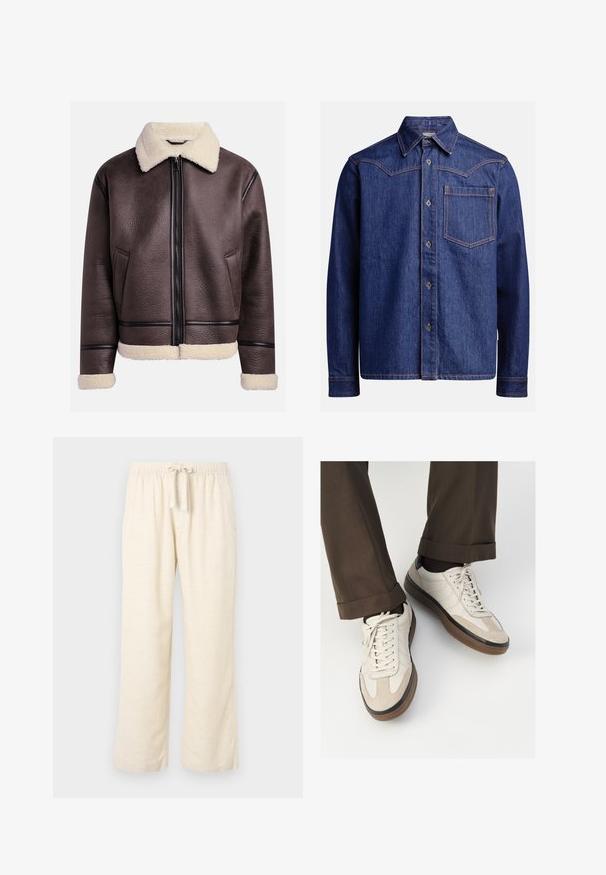 Brun læderjakke med pelskrave og mansjetter, med en frontlynlås og sidelommer. Struktureret overflade med kontrasterende læderdetaljer.; Mørkeblå denim skjorte med lange ærmer, spids krave, knaplukning, brystlomme og kontrast-orange syninger.; Cremefarvet bomulds t-shirt med korte ærmer, der har en rund halsåbning accentueret med marineblå og hvide striber. Glat tekstur, afslappet pasform.; Linnedragt i off-white med brede ben, med en elastisk talje og bindebånd. Glat tekstur og fuld længde.; Beige sneakers med en struktureret ruskind front, glatte lædersider og en brun gummisål. Snørebånd og let stikning er inkluderet.