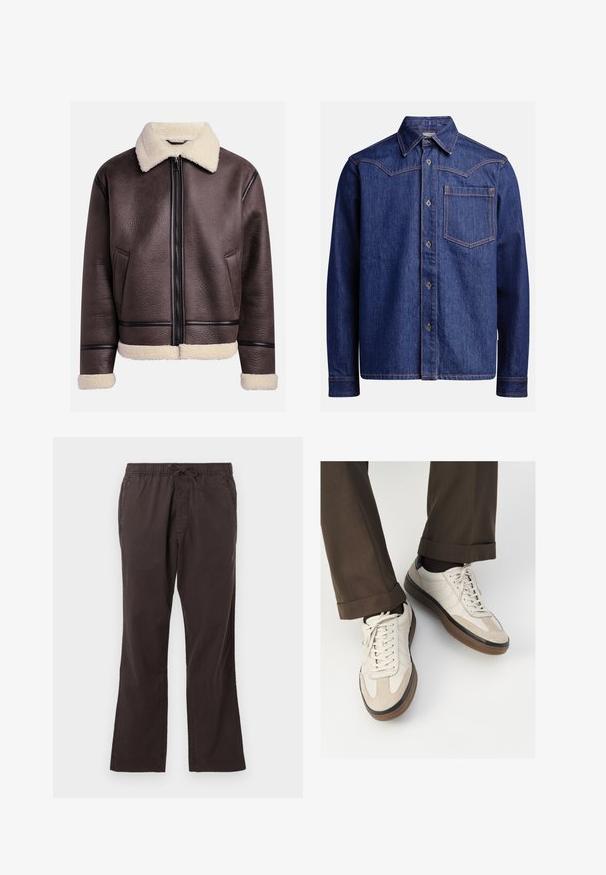 Braune Lederjacke mit einem Lammfellkragen und -bündchen, versehen mit einem Frontreißverschluss und seitlichen Taschen. Strukturiert Oberfläche mit kontrastierenden Lederelementen.; Dunkelblaue Denim-Hemd mit langen Ärmeln, spitzem Kragen, Knopfleiste, Brusttasche und kontrastierenden orangen Nähten.; Cremefarbendes Baumwoll-T-Shirt mit kurzen Ärmeln, das über einen runden Halsauschnitt mit navy- und weißen Streifen verfügt. Glatte Textur, lässige Passform.; Dunkelbraune Hose mit elastischem Bund und Kordelzug, mit geradem Bein und glattem, strukturiertem Stoff.; Beige Sneakers mit einer strukturierten Wildlederfront, glatten Lederseiten und einer braunen Gummisohle. Bändel und helle Nähdetails sind enthalten.