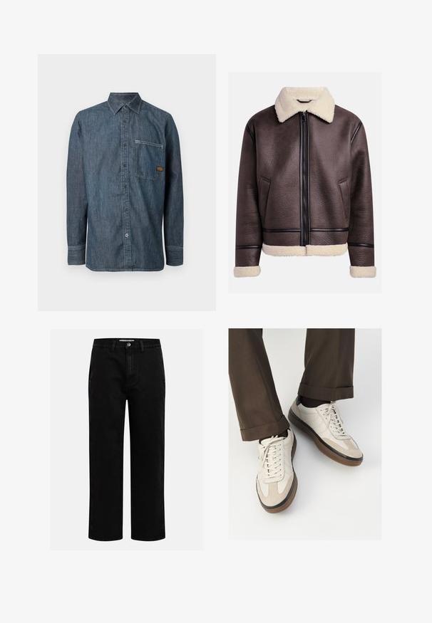 Veste en cuir marron avec un col et des poignets en peau de mouton, dotée d'une fermeture éclair à l'avant et de poches latérales. Surface texturée avec des accents en cuir contrastants.; Chemise en denim à manches longues avec un col pointu et une poche poitrine, ornée d'une petite étiquette de marque marron.; T-shirt en coton couleur crème à manches courtes, avec un col rond accentué de rayures bleu marine et blanches. Texture lisse, coupe décontractée.; Pantalons en denim noir avec une coupe droite, design classique à cinq poches et fermeture à bouton à la taille. Texture lisse et tissu durable.; Baskets beiges avec un devant en suède texturé, côtés en cuir lisse et semelle en caoutchouc brun. Lacets et détails de couture légère inclus.