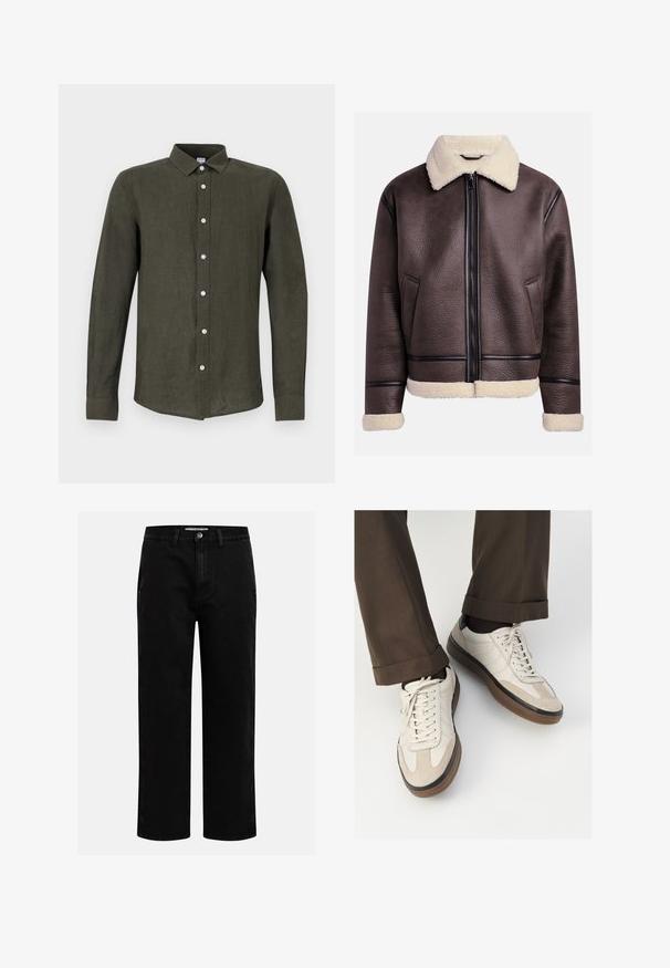 Bruine leren jas met een shearling kraag en manchetten, voorzien van een rits aan de voorkant en zijzakken. Geweven oppervlak met contrasterende leren accenten.; Donkergroene shirt met lange mouwen, gemaakt van linnen. Heeft een knoopsluiting aan de voorkant met lichte knopen en een kraag voor een gestructureerde uitstraling.; Crème-kleurige katoenen t-shirt met korte mouwen, met een ronde halslijn die is accentueerd met marineblauwe en witte strepen. Soepele textuur, ontspannen pasvorm.; Zwarte denim broeken met een rechte pijp, klassieke vijf-pocket structuur en een knoopsluiting in de taille. Glad materiaal en duurzame stof.; Beige sneakers met een leren voorkant van textuur-suède, gladde leren zijkanten en een bruine rubberen zool. Veters en lichte stikseldetails inbegrepen.