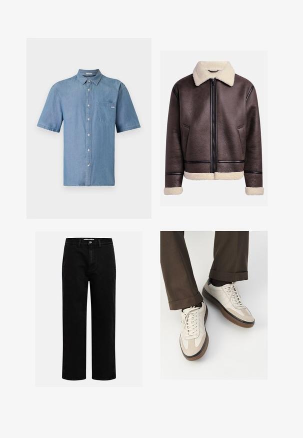 Bruine leren jas met een shearling kraag en manchetten, voorzien van een rits aan de voorkant en zijzakken. Geweven oppervlak met contrasterende leren accenten.; Korte mouwen button-up shirt in lichtblauwe denim. Heeft een enkel borstzakje en een klassieke kraag. Zachte textuur met een casual pasvorm.; Crème-kleurige katoenen t-shirt met korte mouwen, met een ronde halslijn die is accentueerd met marineblauwe en witte strepen. Soepele textuur, ontspannen pasvorm.; Zwarte denim broeken met een rechte pijp, klassieke vijf-pocket structuur en een knoopsluiting in de taille. Glad materiaal en duurzame stof.; Beige sneakers met een leren voorkant van textuur-suède, gladde leren zijkanten en een bruine rubberen zool. Veters en lichte stikseldetails inbegrepen.