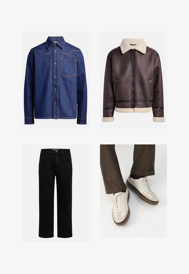 Brun skinnjakke med en fårskinnskrage og mansjetter, med glidelås foran og sidlommer. Teksturert overflate med kontrasterende skinnaksenter.; Mørkeblå denim skjorte med lange ermer, spiss krage, knappestolpe, brystlomme og kontrastfargede oransje sømmer.; Kremfarget bomulls T-skjorte med korte ermer, med rund halskant pyntet med marineblå og hvite striper. Glatt tekstur, avslappet passform.; Svarte denimbukser med rett benkutt, klassisk fem-lomme design og knappelukking i livet. Glatt tekstur og slitesterkt stoff.; Beige sneakers med teksturert semsket front, glatte skinnsider og en brun gummisåle. Snører og lys syddetalj inkludert.