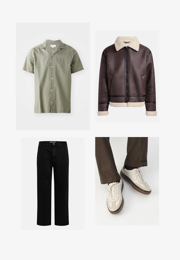 Rjava usnjena jakna s ovratnikom in manšeti iz ovčje kože, z sprednjim zadrgo in stranskimi žepi. Teksturirana površina s kontrastnimi usnjenimi detajli.; Srajca s kratkimi rokavi, z gumbi v olivno zeleni barvi, lahkotna tkanina s ovratnikom, z petimi belimi gumbi in sproščenim krojem.; Črne denim hlače s ravnim krojem, klasičnim pet-takošnjim dizajnom in gumbom za zapiranje v pasu. Gladka tekstura in trpežna tkanina.; Bež teniske z teksturiranim prednjim delom iz usnja, gladkimi kožnimi stranicami in rjavo gumijasto podplatom. Vključene vezalke in svetla šivana detajla.