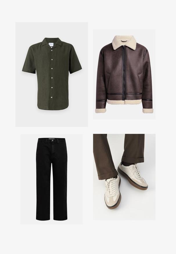 Braune Lederjacke mit einem Lammfellkragen und -bündchen, versehen mit einem Frontreißverschluss und seitlichen Taschen. Strukturiert Oberfläche mit kontrastierenden Lederelementen.; Kurzärmliges, dunkelgrünes Leinenhemd mit Kragen, durchgehender Knopfleiste und geradem Saum. Strukturiertes Gewebe mit leichtem Glanz.; Cremefarbendes Baumwoll-T-Shirt mit kurzen Ärmeln, das über einen runden Halsauschnitt mit navy- und weißen Streifen verfügt. Glatte Textur, lässige Passform.; Schwarze Jeanshose mit geradem Schnitt, klassischem Fünf-Taschen-Design und einem Knopfverschluss an der Taille. Glatte Textur und strapazierfähiger Stoff.; Beige Sneakers mit einer strukturierten Wildlederfront, glatten Lederseiten und einer braunen Gummisohle. Bändel und helle Nähdetails sind enthalten.