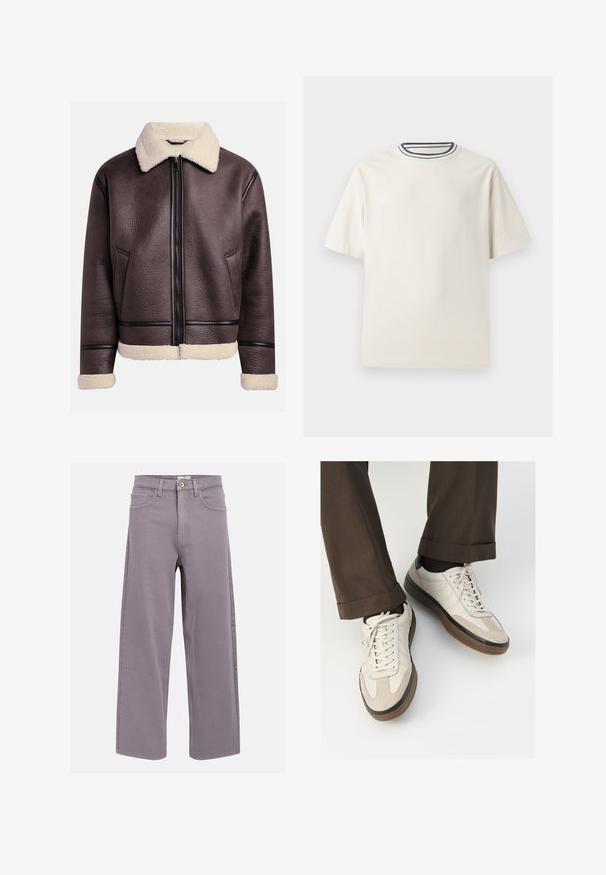 Brun skinnjakke med en fårskinnskrage og mansjetter, med glidelås foran og sidlommer. Teksturert overflate med kontrasterende skinnaksenter.; Kremfarget bomulls T-skjorte med korte ermer, med rund halskant pyntet med marineblå og hvite striper. Glatt tekstur, avslappet passform.; Rett ben design i lavendelgrå jeans med front- og baklommer, beltesløyfer og knappelukking i livet.; Beige sneakers med teksturert semsket front, glatte skinnsider og en brun gummisåle. Snører og lys syddetalj inkludert.