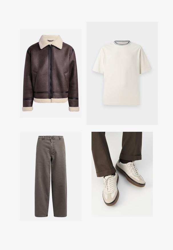 Hnědá kožená bunda s ovčími límcem a manžetami, která má přední zip a boční kapsy. Texturovaný povrch s kontrastními koženými akcenty.; Krémové bavlněné tričko s krátkými rukávy, s kulatým výstřihem zvýrazněným námořnickými a bílými pruhy. Hladká textilní struktura, volný střih.; Šedé široké kalhoty z bavlněné směsi; obsahují zapínání na knoflík, poutka na opasek a přední kapsy; hladká, odolná textura.; Béžové tenisky s texturovanou semišovou špičkou, hladkými koženými boky a hnědou gumovou podrážkou. Na šněrování a lehkém prošití je detail.