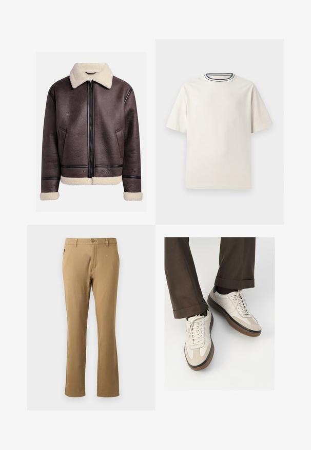 Bruine leren jas met een shearling kraag en manchetten, voorzien van een rits aan de voorkant en zijzakken. Geweven oppervlak met contrasterende leren accenten.; Crème-kleurige katoenen t-shirt met korte mouwen, met een ronde halslijn die is accentueerd met marineblauwe en witte strepen. Soepele textuur, ontspannen pasvorm.; Beige chino's met een recht model, gemaakt van katoen, met een enkele sluiting met voorste knop en zijzakken. Een zachte textuur.; Beige sneakers met een leren voorkant van textuur-suède, gladde leren zijkanten en een bruine rubberen zool. Veters en lichte stikseldetails inbegrepen.