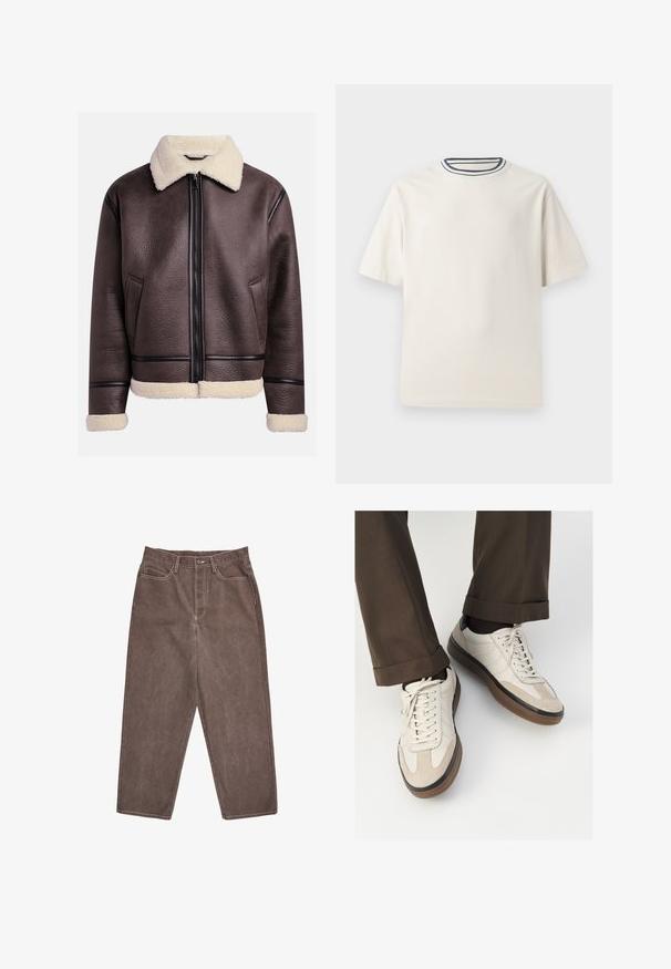 Hnědá kožená bunda s ovčími límcem a manžetami, která má přední zip a boční kapsy. Texturovaný povrch s kontrastními koženými akcenty.; Krémové bavlněné tričko s krátkými rukávy, s kulatým výstřihem zvýrazněným námořnickými a bílými pruhy. Hladká textilní struktura, volný střih.; Hnědé džínové kalhoty s rovný střihem, s kontrastním bílým švem a standardním pasem se zapínáním na přední knoflík.; Béžové tenisky s texturovanou semišovou špičkou, hladkými koženými boky a hnědou gumovou podrážkou. Na šněrování a lehkém prošití je detail.