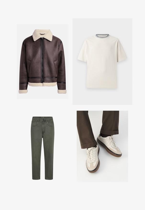 Hnědá kožená bunda s ovčími límcem a manžetami, která má přední zip a boční kapsy. Texturovaný povrch s kontrastními koženými akcenty.; Krémové bavlněné tričko s krátkými rukávy, s kulatým výstřihem zvýrazněným námořnickými a bílými pruhy. Hladká textilní struktura, volný střih.; Zelené bavlněné chinos kalhoty s rovnou siluetou, vybavené poutky na opasek, předními kapsami a knoflíkovým zapínáním. Hladká textura s minimem švů.; Béžové tenisky s texturovanou semišovou špičkou, hladkými koženými boky a hnědou gumovou podrážkou. Na šněrování a lehkém prošití je detail.