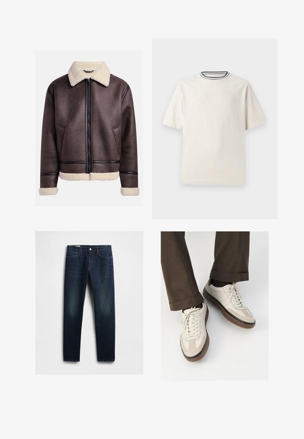 Jachetă din piele maro cu guler și manșete din blană, având un fermoar frontal și buzunare laterale. Suprafață texturată cu accente din piele contrastante.; Tricou din bumbac de culoare crem, cu mâneci scurte, având un decolteu rotund accentuat cu dungi bleumarin și albe. Textură netedă, croi confortabil.; Jeans din denim de culoare albastru închis, cu croială dreaptă, având cinci buzunare, închidere cu nasture și ușoare decolorări pe coapse. Detaliu clasic de cusătură.; Adidași bej cu un vârf din suede texturat, laterale din piele netedă și o talpă din cauciuc maro. Șireturile și detalii de cusătură subtilă incluse.