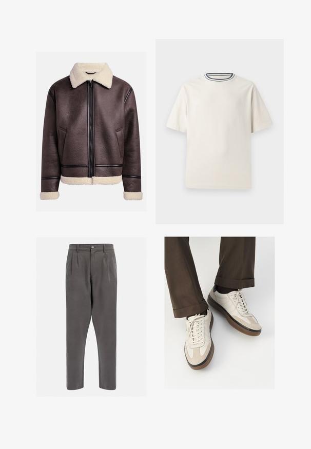 Braune Lederjacke mit einem Lammfellkragen und -bündchen, versehen mit einem Frontreißverschluss und seitlichen Taschen. Strukturiert Oberfläche mit kontrastierenden Lederelementen.; Cremefarbendes Baumwoll-T-Shirt mit kurzen Ärmeln, das über einen runden Halsauschnitt mit navy- und weißen Streifen verfügt. Glatte Textur, lässige Passform.; Grau gefaltete Hose aus glattem Stoff, mit einem Knopfverschluss und schmal zulaufenden Beinen für eine schlanke Passform. Keine zusätzlichen Muster oder Akzente.; Beige Sneakers mit einer strukturierten Wildlederfront, glatten Lederseiten und einer braunen Gummisohle. Bändel und helle Nähdetails sind enthalten.