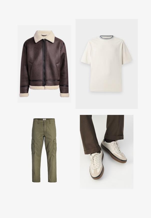 Giacca di pelle marrone con collare e polsini in shearling, dotata di una zip frontale e tasche laterali. Superficie testurizzata con accenti in pelle a contrasto.; T-shirt in cotone color crema con maniche corte, caratterizzato da un collo rotondo decorato da righe blu navy e bianche. Tessuto liscio, vestibilità comoda.; Pantaloni cargo verde oliva realizzati in tessuto di cotone, dotati di tasche laterali, taglio dritto e cintura con chiusura a bottone.; Sneakers beige con una parte anteriore in suede testurizzato, lati in pelle liscia e una suola in gomma marrone. Inclusi lacci e dettagli di cucitura leggera.