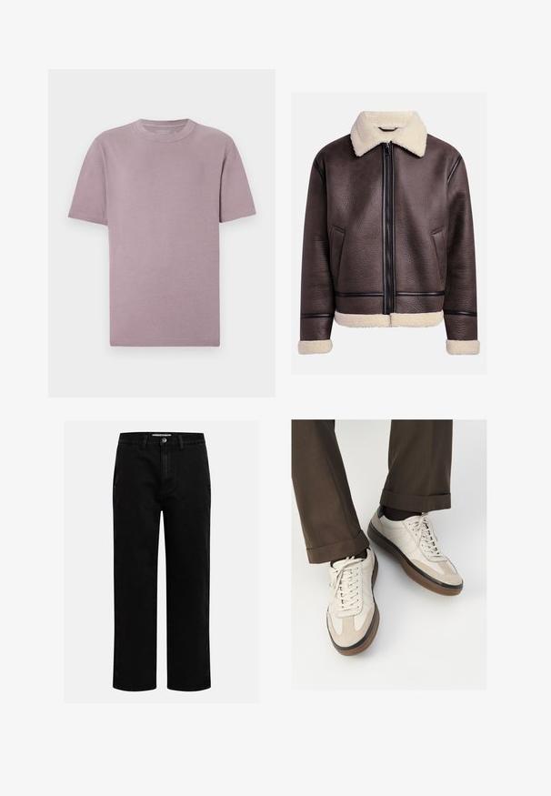 Brown leather jacket with a shearling collar and cuffs, featuring a front zipper and side pockets. Textured surface with contrasting leather accents.; Short-sleeve t-shirt in light mauve, made of soft cotton. Classic crew neckline, clean seams, and no visible logos or patterns.; Dark blue denim long-sleeve shirt with pointed collar, button front, chest pocket, and contrast orange stitching.; Black denim pants with a straight-leg cut, classic five-pocket design, and a button closure at the waist. Smooth texture and durable fabric.; Beige sneakers with a textured suede front, smooth leather sides, and a brown rubber sole. Laces and light stitching detail included.