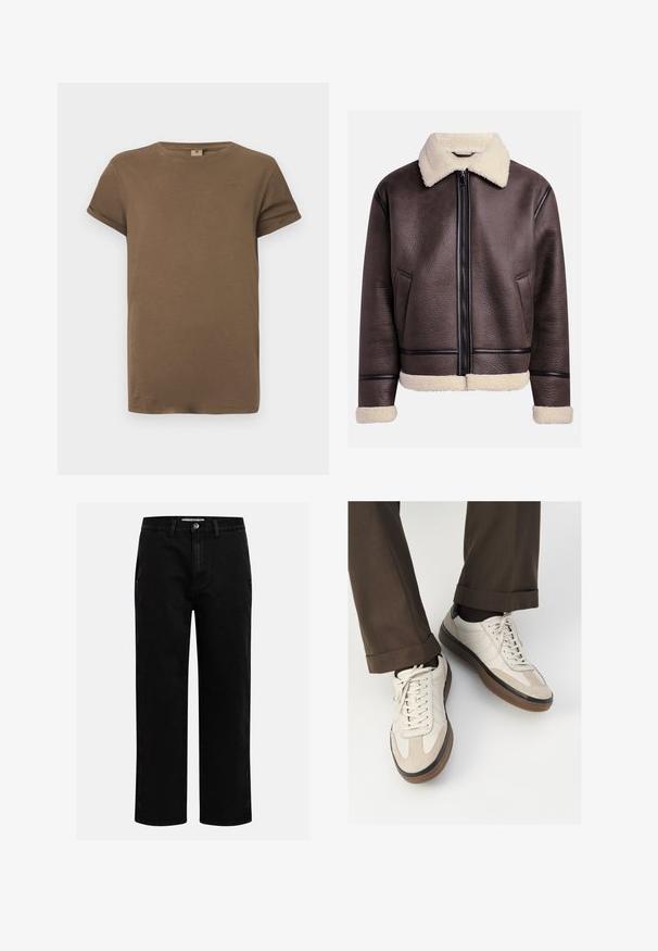 Giacca di pelle marrone con collare e polsini in shearling, dotata di una zip frontale e tasche laterali. Superficie testurizzata con accenti in pelle a contrasto.; T-shirt in cotone marrone a maniche corte con scollo rotondo e maniche arrotolate, esposto su uno sfondo bianco uniforme.; Pantaloni in denim nero con taglio dritto, design classico a cinque tasche e chiusura con bottone in vita. Tessuto liscio e materiale resistente.; Sneakers beige con una parte anteriore in suede testurizzato, lati in pelle liscia e una suola in gomma marrone. Inclusi lacci e dettagli di cucitura leggera.