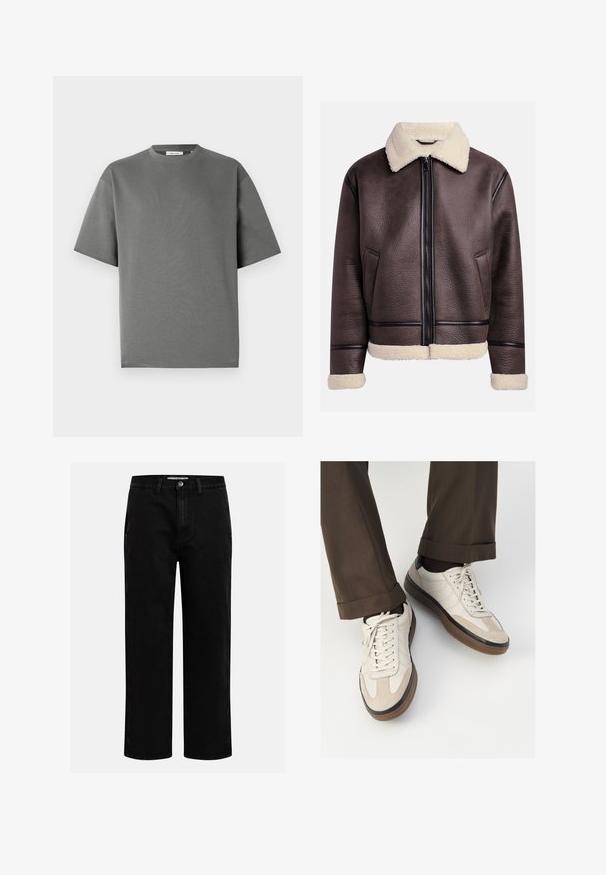 Brun læderjakke med pelskrave og mansjetter, med en frontlynlås og sidelommer. Struktureret overflade med kontrasterende læderdetaljer.; Kortærmet grå t-shirt lavet af blødt bomuld, med en rund halsudskæring og en afslappet pasform med minimale stikninger.; Sorte denimbukser med lige pasform, klassisk fem-lomme design og knaplukning i taljen. Glat tekstur og holdbart stof.; Beige sneakers med en struktureret ruskind front, glatte lædersider og en brun gummisål. Snørebånd og let stikning er inkluderet.