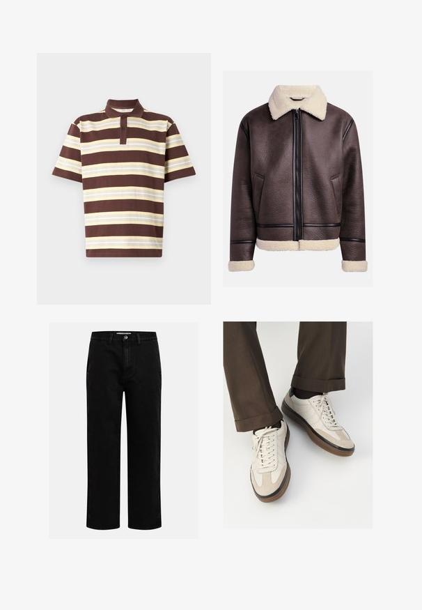 Hnědá kožená bunda s ovčími límcem a manžetami, která má přední zip a boční kapsy. Texturovaný povrch s kontrastními koženými akcenty.; Hnědý a žlutý pruhovaný polo tričko, krátké rukávy, tříknoflíková léga, bavlněný materiál, texturovaná tkanina s různou šířkou pruhů.; Tmavě modrá džínová košile s dlouhým rukávem, s špičatým límečkem, zapínáním na knoflíky, náprsní kapsou a kontrastním oranžovým prošíváním.; Černé džíny s rovnými nohavicemi, klasickým pětipocketovým designem a knoflíkovým zapínáním v pase. Hladká textura a odolná látka.; Béžové tenisky s texturovanou semišovou špičkou, hladkými koženými boky a hnědou gumovou podrážkou. Na šněrování a lehkém prošití je detail.