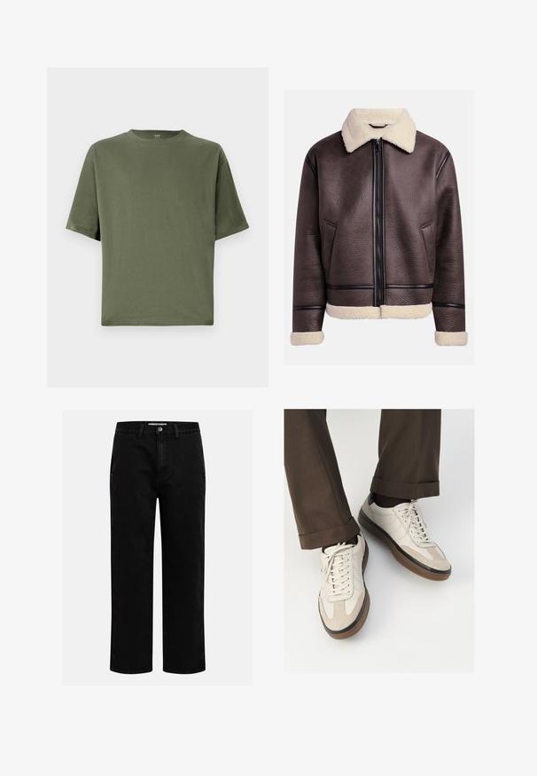 Pruun nahkjope, millel on karvane krae ja mansetid, ees lukuga ja küljetaskutega. Tekstureeritud pind kontrastsete nahkdetailidega.; Oliivroheline lühikeste varrukate T-särk, mis on valmistatud puuvillast, omadustega ümar kaelus ja mugav lõige. Sile tekstuur, ilma lisamustrite või aktsentideta.; Mustad denim püksid sirge jala kujundiga, klassikaline viie tasku disain ja nööbid kinniuisutamisel. Sile tekstuur ja vastupidav kangas.; Bežid spordijalised, millel on tekstuuriga suede esiosa, siledast nahast küljed ja pruun kummitald. Lisatud on paelad ja heledad õmbluse detailid.